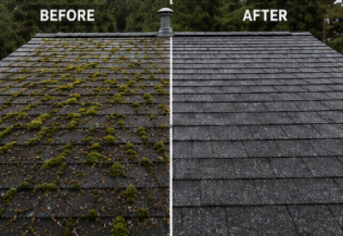Roof before and after soft washing — moss removed