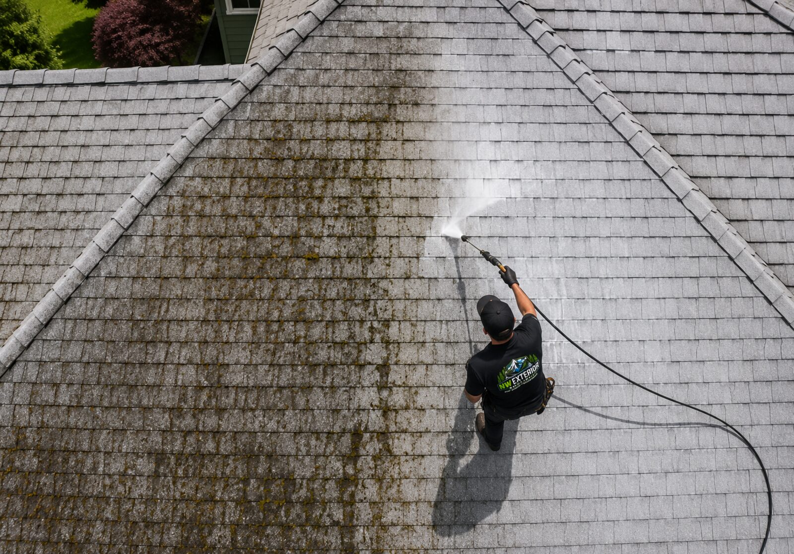 Aerial roof soft washing removing moss