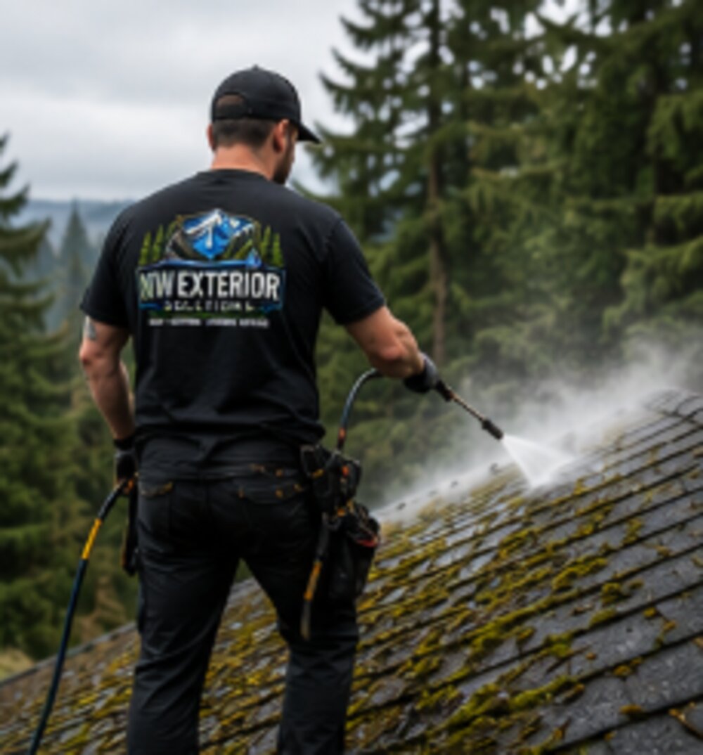 Technician soft washing a roof
