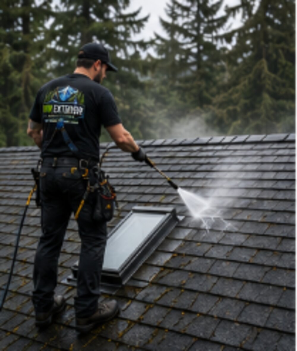 Roof cleaning near skylight
